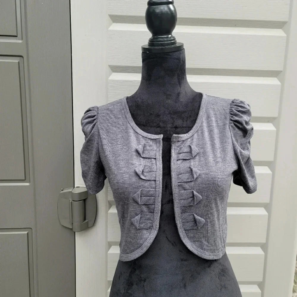 Luscious Los Angeles Charcoal Gray Short Rutched Sleeve Shrug Bolero Sz S